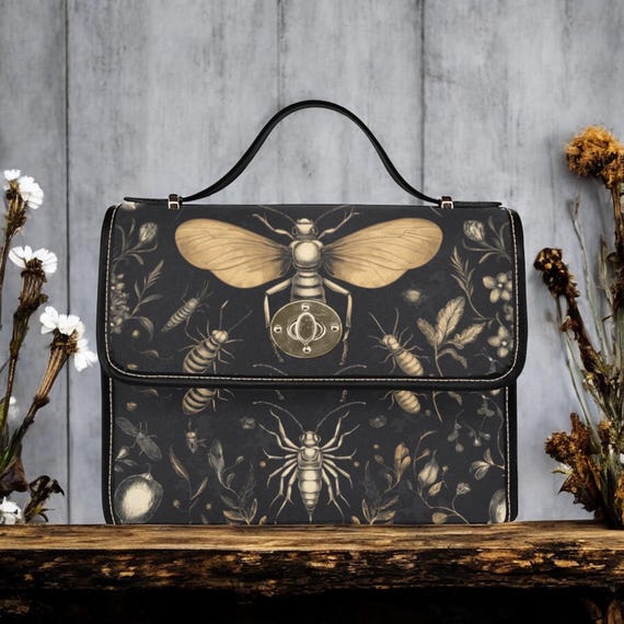 Insects Goth Bag, Cottagecore witch Canvas Satchel bag, Cute women rose moon crossed body purse, cute vegan leather strap hand bag goth bag