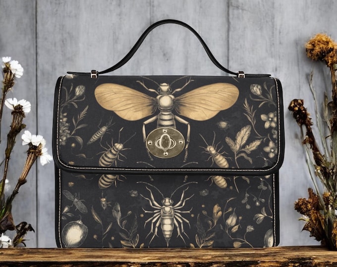 Insects Goth Bag, Cottagecore witch Canvas Satchel bag, Cute women rose moon crossed body purse, cute vegan leather strap hand bag goth bag
