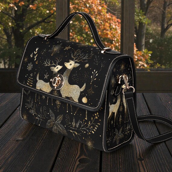Golden Deer Couple Canvas Satchel bag, Cottagecore Starry Forest crossbody purse, Fantasy vegan leather strap goth bag, hippies boho gift