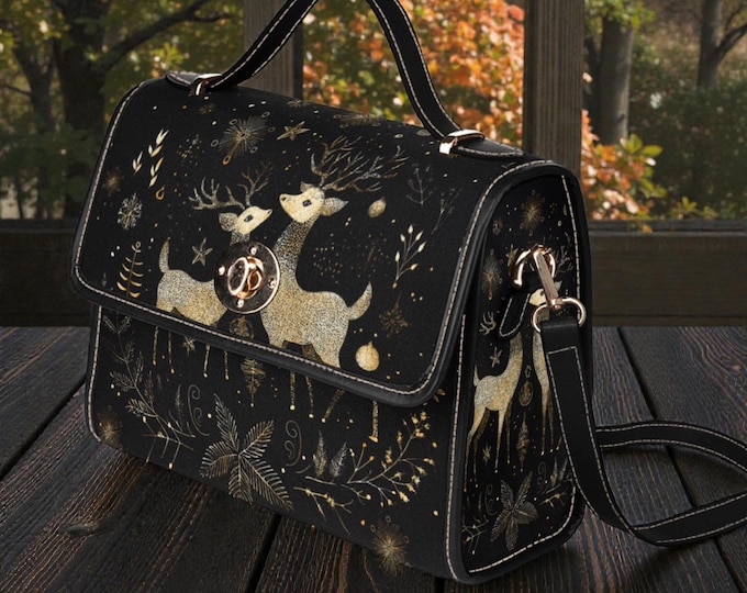 Golden Deer Couple Canvas Satchel bag, Cottagecore Starry Forest crossbody purse, Fantasy vegan leather strap goth bag, hippies boho gift