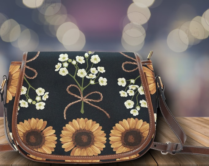 Floral Black Sunflower Cute Vegan leather saddle bag, Sunflower boho crossed body purse women, flower boho bag, hippies boho gift