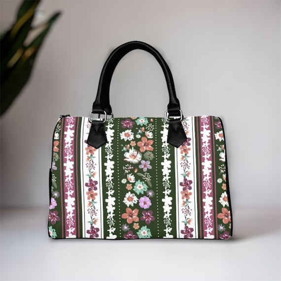 Cottagecore Boho Flowers Top Handle Vegan leather nature handbag, nature women vegan leather purse, pu leather canvas bag, hippies boho gift