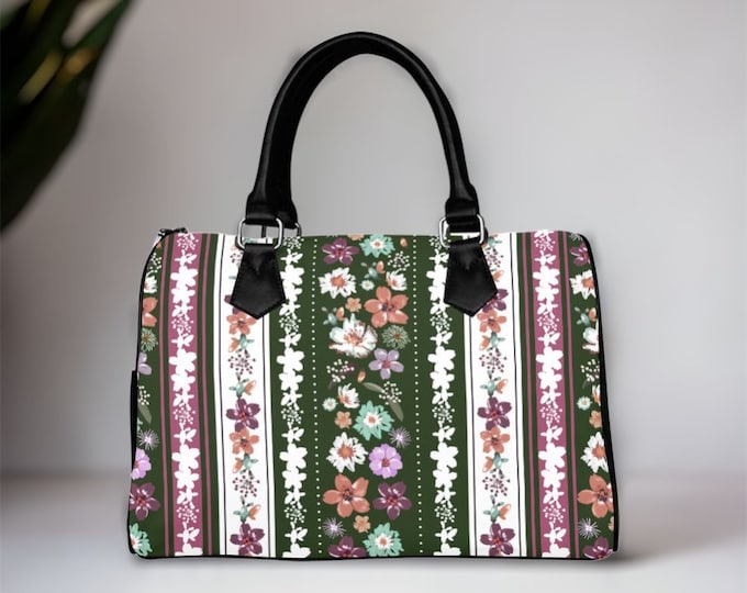 Cottagecore Boho Flowers Top Handle Vegan leather nature handbag, nature women vegan leather purse, pu leather canvas bag, hippies boho gift