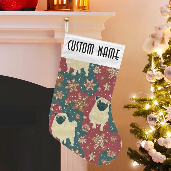 Custom Pug Dog Christmas Stocking, Cute Animal Christmas Custom Stuffer, Cottagecore Boho Christmas Stocking, Whimsical boho hippies gift