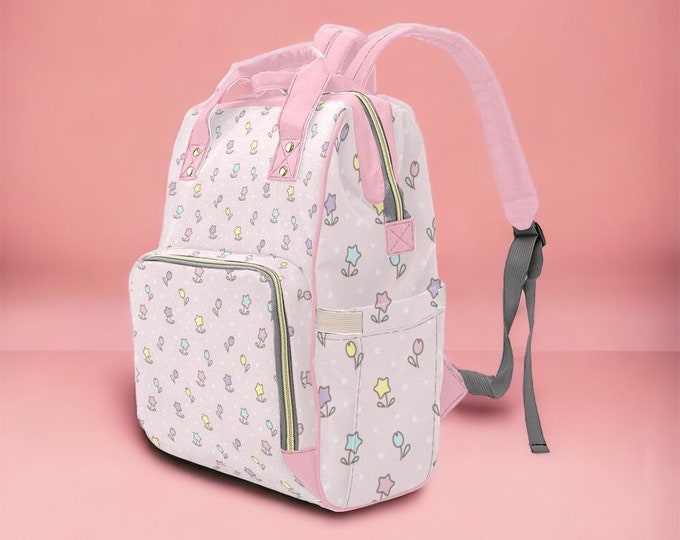 Pink Kawaii Floral Diaper Backpack, Pink Diaper Bag, Kawaii Diaper Bag for Moms, Multipocket Pink dipar Bag Backpack