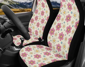 Cute Daisy Pink Flower Car Seat Covers, Cottagecore Cute Beige colorful Floral Front Bucket Seat Cover For Car Vehicle, Nature seat cover