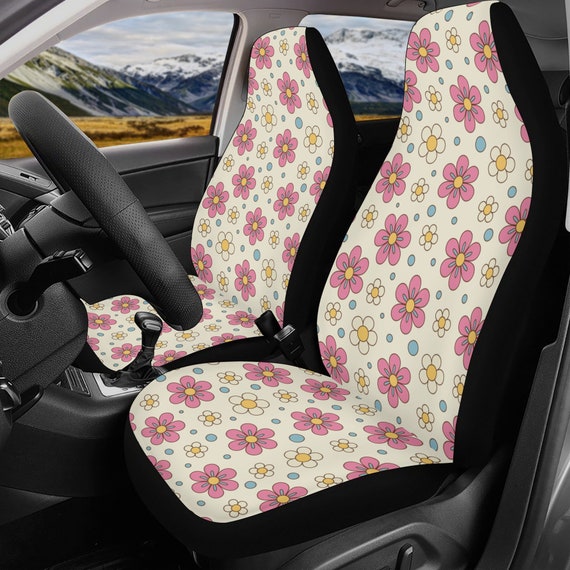 Cute Daisy Pink Flower Car Seat Covers, Cottagecore Cute Beige colorful Floral Front Bucket Seat Cover For Car Vehicle, Nature seat cover