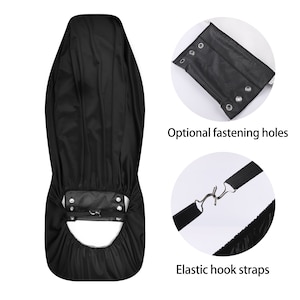 May include: Black car seat cover with elastic hook straps and optional fastening holes. The cover is made of a water-resistant material.