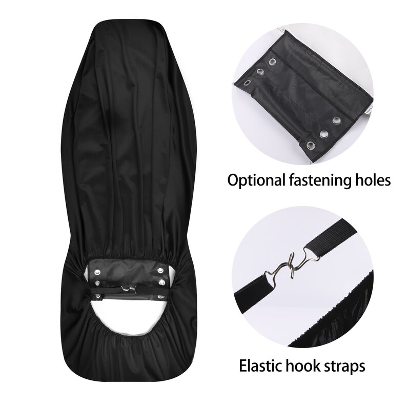 May include: Black car seat cover with elastic hook straps and optional fastening holes. The cover is made of a water-resistant material.