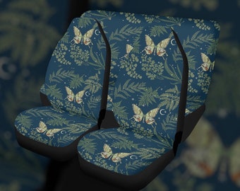May include: Three blue car seat covers with a fern and butterfly pattern. The covers have a black backing and are made of a soft, comfortable fabric.