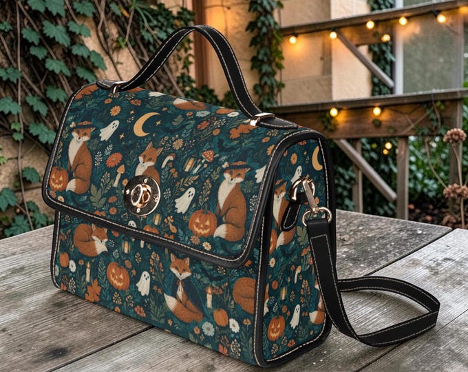 Halloween Fox Forest Satchel Bag, Cottagecore Crossbody Purse, Vegan Leather Strap