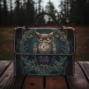 Cottagecore witch Canvas Satchel bag, Cute Dark women witchy Owl crossbody purse, vegan leather strap hand bag goth bag, hippies boho gift