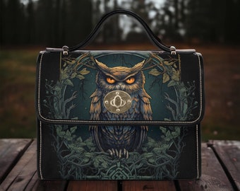 Cottagecore witch Canvas Satchel bag, Cute Dark women witchy Owl crossbody purse, vegan leather strap hand bag goth bag, hippies boho gift