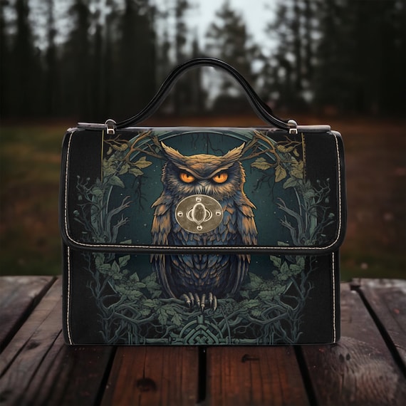 Cottagecore witch Canvas Satchel bag, Cute Dark women witchy Owl crossbody purse, vegan leather strap hand bag goth bag, hippies boho gift