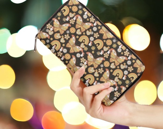 Retro Mushroom Zipper Wallet, Women's Wallet, Cute Vegan Leather Wallet for Women, Cottagecore Boho Witchy Purse Large Wallet, Gift for Her