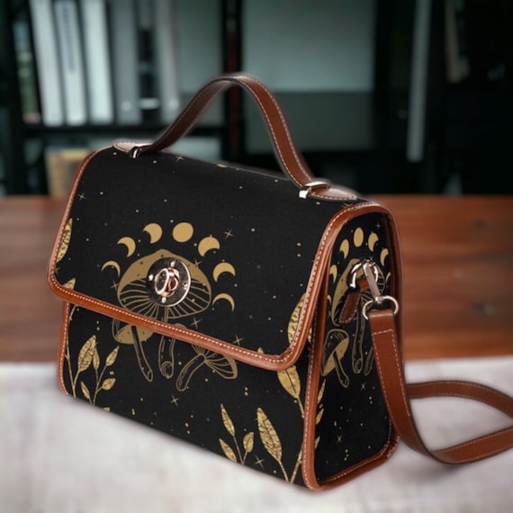 Moon phase Mushroom Satchel bag, Mystical dark academy Witchy crossed body purse, vegan leather strap hand bag goth bag, hippies boho gift