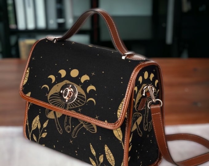 Moon phase Mushroom Satchel bag, Mystical dark academy Witchy crossed body purse, vegan leather strap hand bag goth bag, hippies boho gift