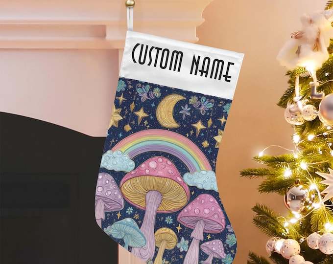 Custom Kawaii Mushroom  Christmas Stocking, Cute Rainbow Custom Stuffer, Cottagecore Candy Christmas Stocking, Cute Starry Mushroom Stocking