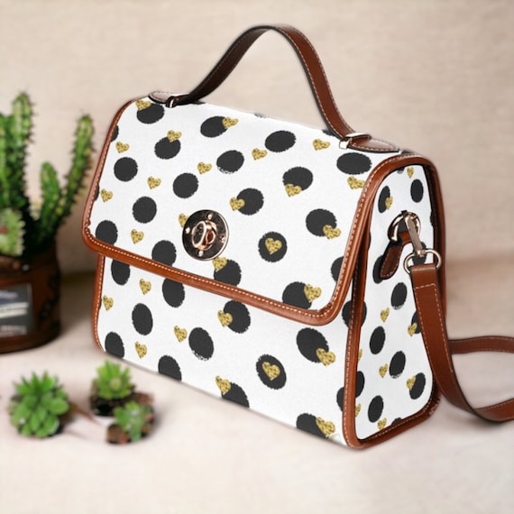 Cottagecore Polka Dot Canvas Satchel bag, Cute women crossed body purse, cute vegan leather strap hand bag gold heart bag, hippies boho gift