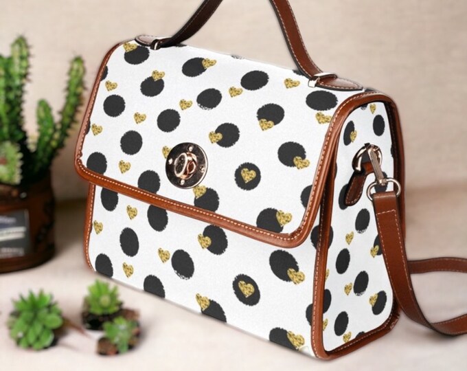 Cottagecore Polka Dot Canvas Satchel bag, Cute women crossed body purse, cute vegan leather strap hand bag gold heart bag, hippies boho gift