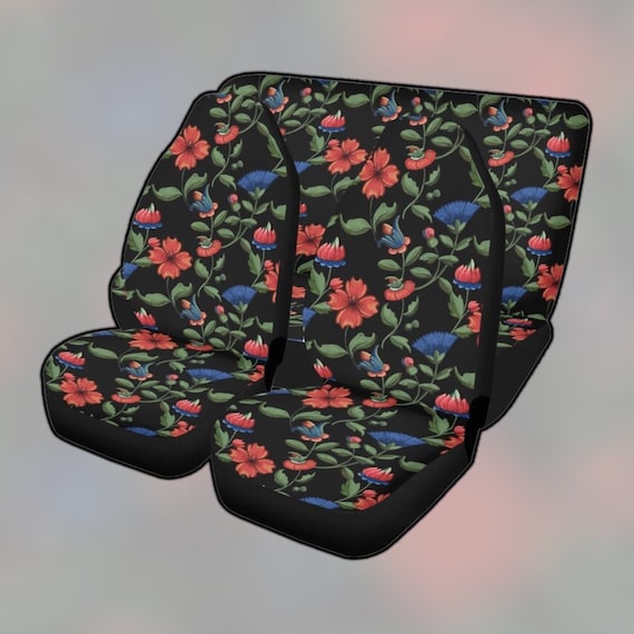 Dark Red Floral Boho Car Seat Cover For Women, Cottagecore Cute Green Floral Front Bucket Seat Cover For Car Vehicle, Nature seat cover