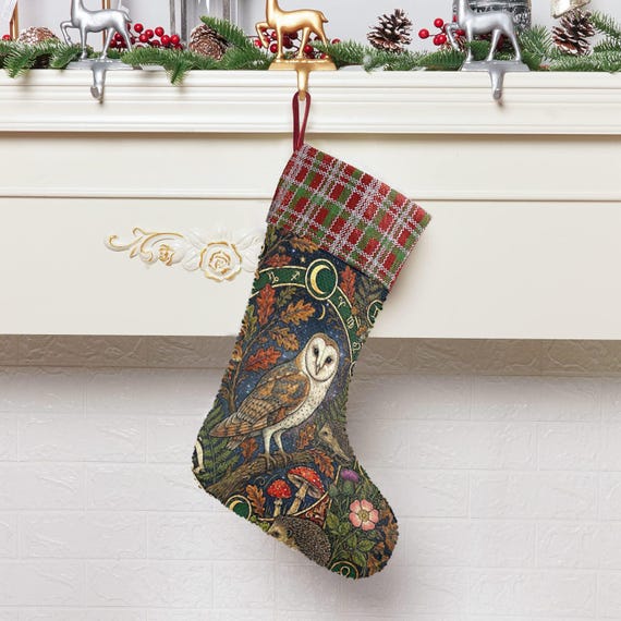 Mystic Owl Moon Sequin Stocking, Perfect for stuffing Santa's Gifts, Mushroom Fireplace Decor, Animal Woodlan Christmas, Holliday gift idea