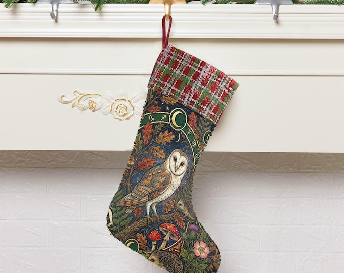 Mystic Owl Moon Sequin Stocking, Perfect for stuffing Santa's Gifts, Mushroom Fireplace Decor, Animal Woodlan Christmas, Holliday gift idea