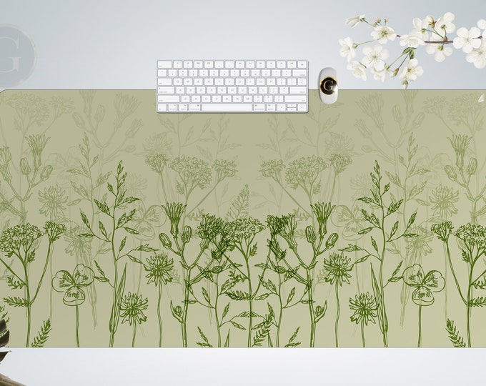 Boho Sage Green desk mat herbal botanical Fern forest extended mouse pad, mushroom Forager cottagecore ergonomic mousepad wrist rest gift