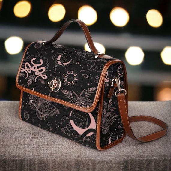 Cottagecore moon witch Canvas Satchel bag, black vegan leather crossed body purse, Cottagecore witch vegan leather strap hand bag moth