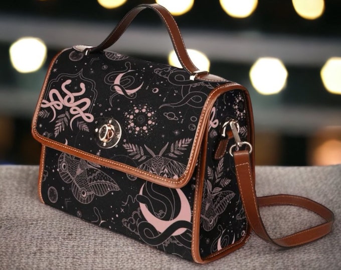 Cottagecore moon witch Canvas Satchel bag, black vegan leather crossed body purse, Cottagecore witch vegan leather strap hand bag moth