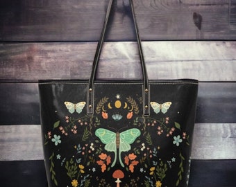 Black Cottagecore Floral Moth Bag Cute witchy Vegan leather tote bag, Cottagecore Pu leather bag, Cute Goth bag big zip tote, witchy purse