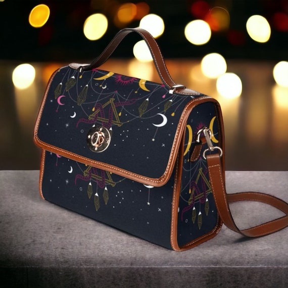 Magical Sacred Print canvas Satchel Bag, Vegan Leather Handbag, Moon Phases Astrological Purse, Waterproof Canvas Satchel Bag Goth Purse