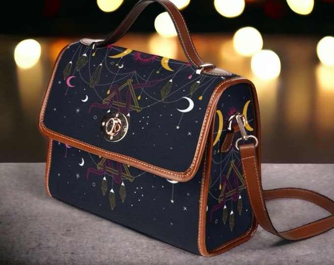 Magical Sacred Print canvas Satchel Bag, Vegan Leather Handbag, Moon Phases Astrological Purse, Waterproof Canvas Satchel Bag Goth Purse