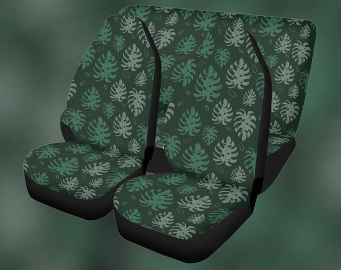 Boho Green Car Seat Covers, Monstera Plant Leaves Cottagecore Seat Covers for vehicle, Nature car interior decor, cute car accessories gift