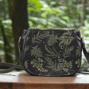 Cottagecore Botanical Fern crossbody saddle bag, Starry Crescent Vegan leather shoulder bag with strap, Cute nature saddle purse handbag