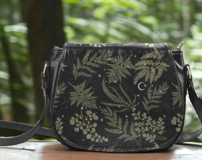 Cottagecore Botanical Fern crossbody saddle bag, Starry Crescent Vegan leather shoulder bag with strap, Cute nature saddle purse handbag