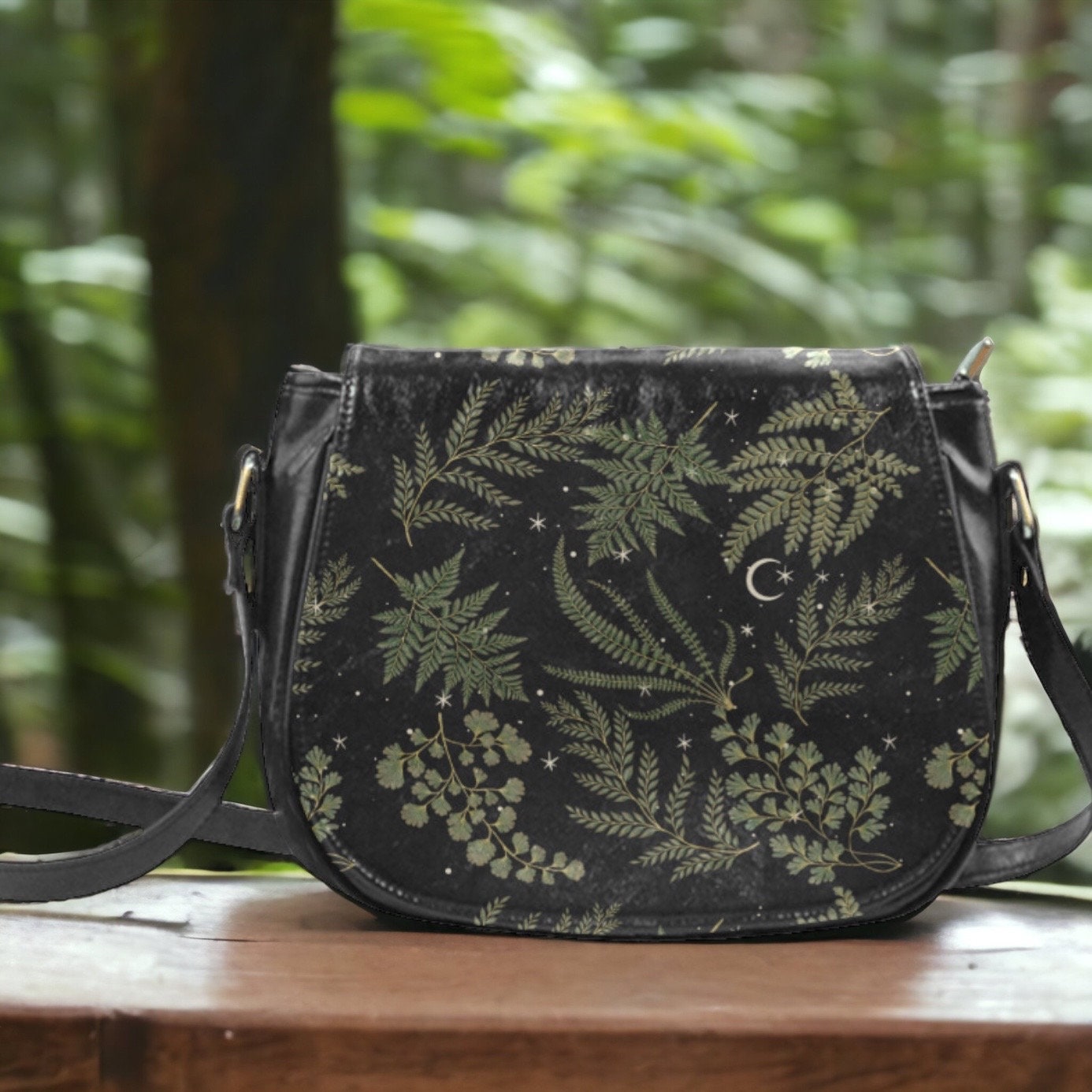 Cottagecore Botanical Fern Crossbody Saddle Bag, Starry