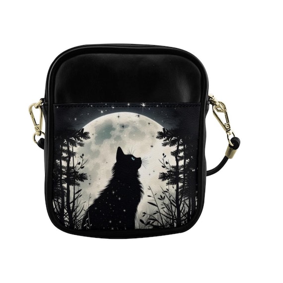 Witchy Black Cat Sling Bag, Leather Sling Crossbody Bag, Cottagecore Shoulder Witchy Purse, Dark Forest Animal Sling bag, Boho Hippies Gift