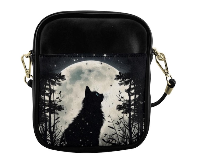 Witchy Black Cat Sling Bag, Leather Sling Crossbody Bag, Cottagecore Shoulder Witchy Purse, Dark Forest Animal Sling bag, Boho Hippies Gift