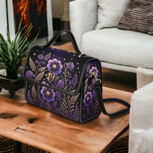 Cute Purple Floral Canvas Satchel Bag, Vegan Leather Strap Cottagecore Canvas Bag, Boho Hippies Gift, Floral Bag Gift, Floral Purse Gift