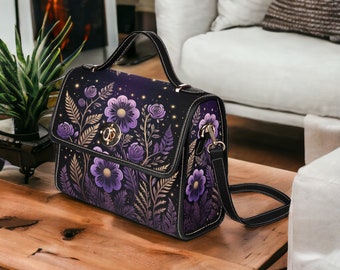 Cute Purple Floral Canvas Satchel Bag, Vegan Leather Strap Cottagecore Canvas Bag, Boho Hippies Gift, Floral Bag Gift, Floral Purse Gift