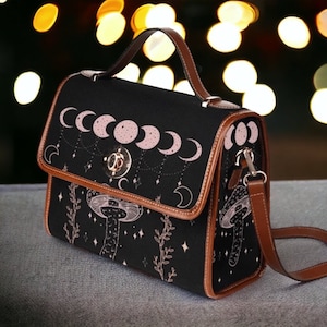 Cottagecore moon Canvas Satchel bag, Cute women mushroom moon crossed body purse, cute vegan leather strap hand bag, hippies boho gift