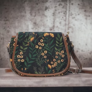 Boho floral Vegan leather Waterproof Cottagecore saddle bag, brwon strap bag, cute PU leather hand bag, cottagecore floral bag for women