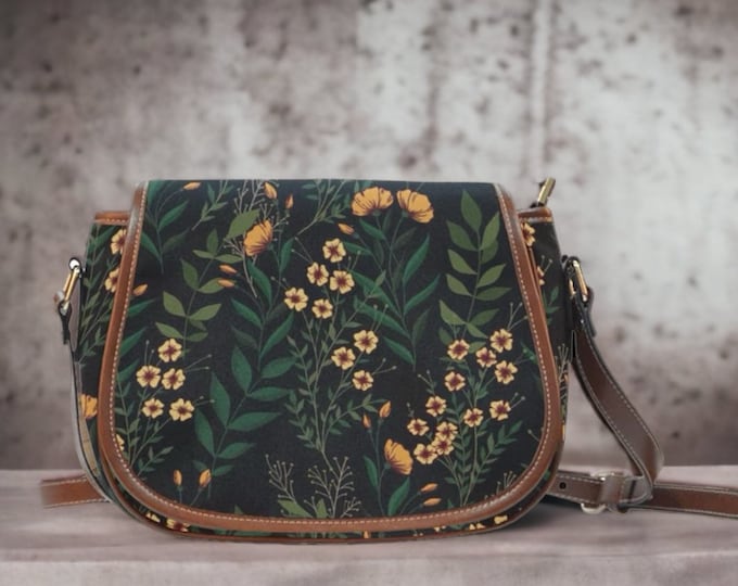 Boho floral Vegan leather Waterproof Cottagecore saddle bag, brwon strap bag, cute PU leather hand bag, cottagecore floral bag for women