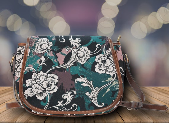 Dark Cottagecore Floral Saddle Bag, Vegan Leather Strap Waterproof Crossbody Bag, Mother's Day gift Bag, Cute Shoulder Bag Boho hippie Style