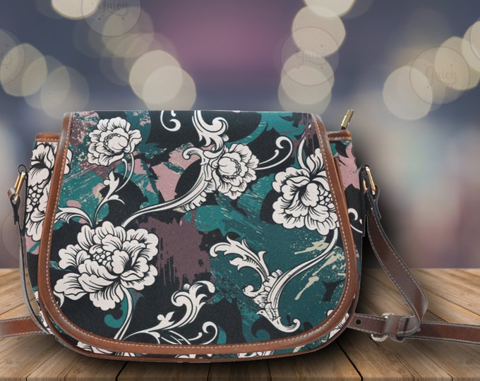 Dark Cottagecore Floral Saddle Bag, Vegan Leather Strap Waterproof Crossbody Bag, Mother's Day gift Bag, Cute Shoulder Bag Boho hippie Style