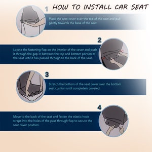 May include: A four-step illustrated guide on how to install a car seat cover. The steps are numbered 1 through 4 and include images of the process. The text describes how to place the cover over the seat, locate the fastening flap, stretch the bottom of the cover, and fasten the elastic hook straps.