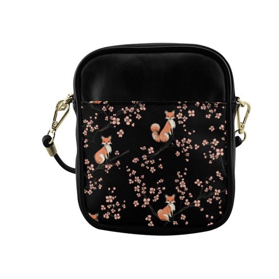Cherry Blossom and Fox Sling Bag, Boho Crossbody Bag, Cottagecore Shoulder Fox Purse, Cute Japanese Bag, Leather Cherry Blossom Sling bag