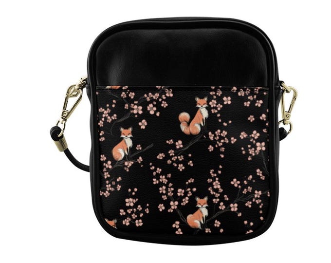 Cherry Blossom and Fox Sling Bag, Boho Crossbody Bag, Cottagecore Shoulder Fox Purse, Cute Japanese Bag, Leather Cherry Blossom Sling bag