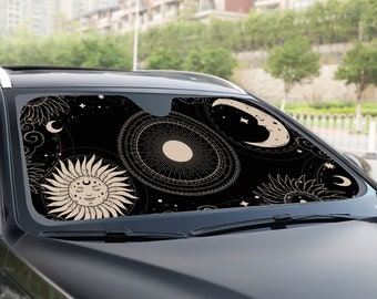 Mystical Sun astrology Parasol de coche para parabrisas, cottagecore witchy tarot Window Sun Blocker accesorios de coche celestial Auto Decor Screen